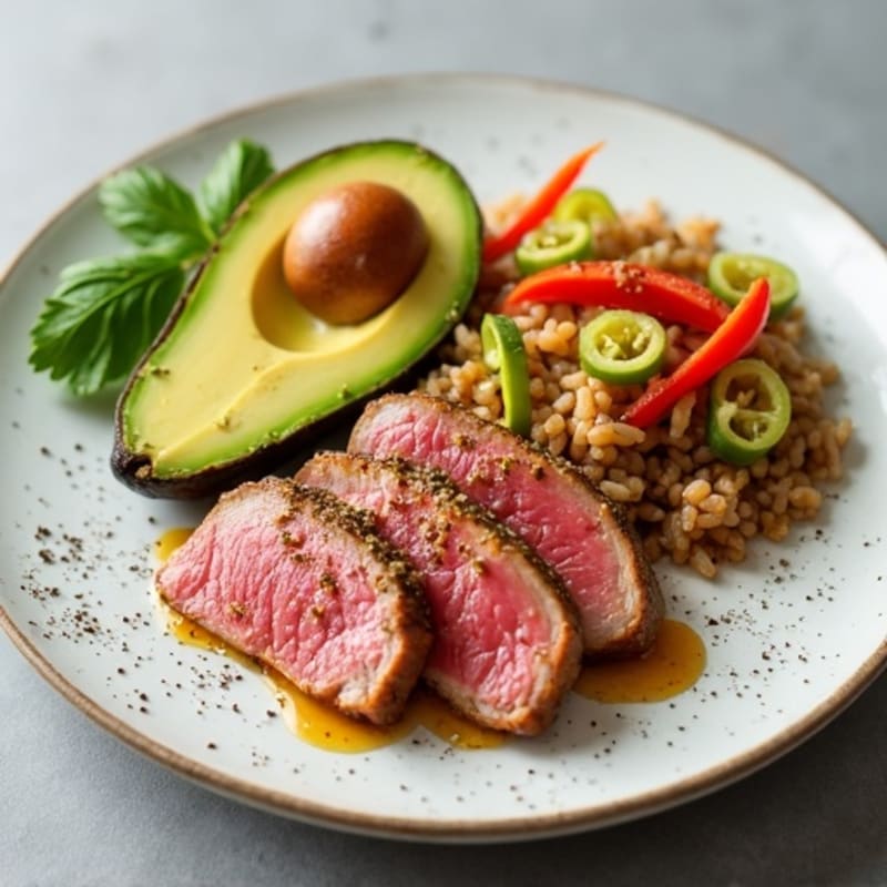 Fresh Marinated Tuna with Brown Rice, Creamy Avocado, and Crispy Vegetables