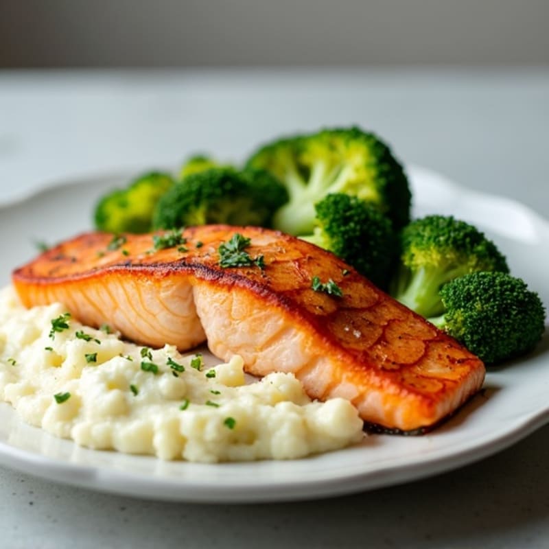 Seared Salmon with Roasted Broccoli and Garlic Mashed Cauliflower