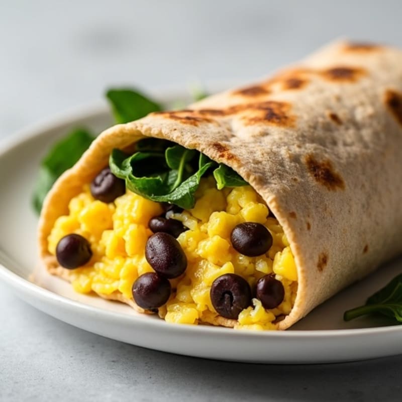 Scrambled Egg, Black Bean, and Spinach Whole Wheat Breakfast Burrito