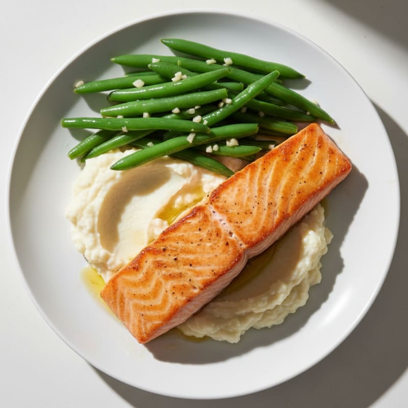 Seared Salmon with Garlic Green Beans and Cauliflower Mash