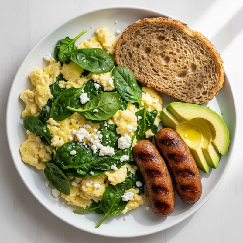 Egg White Spinach Scramble with Grilled Turkey Sausage