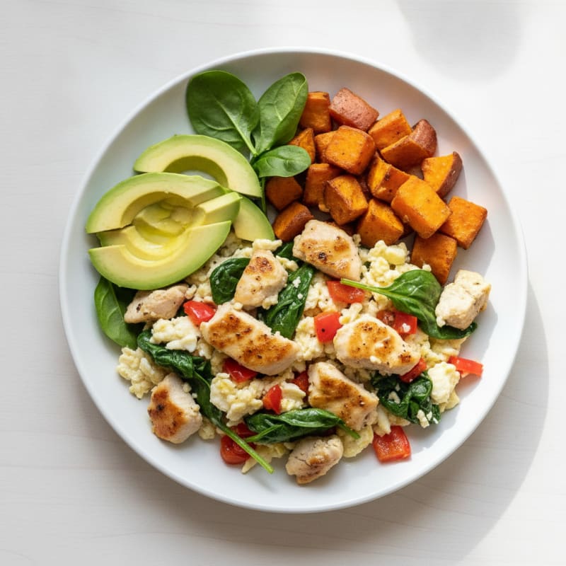 Scrambled Egg Whites with Sautéed Chicken and Spinach