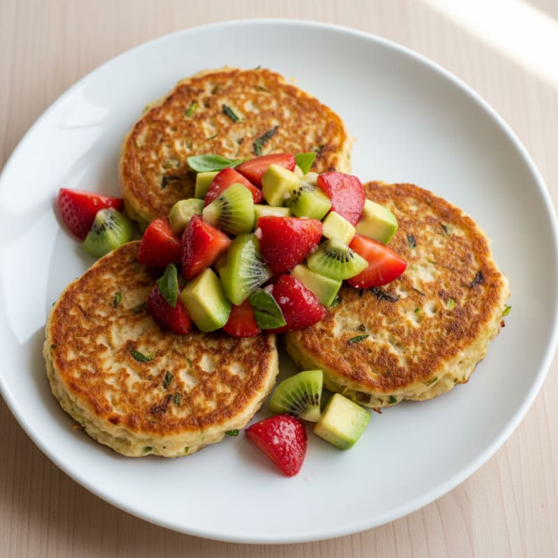 Chicken and Vegetable Protein Pancakes with Strawberry Kiwi Salsa
