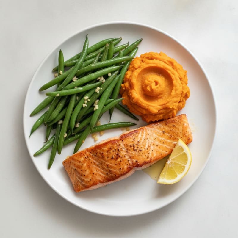 Seared Salmon with Garlic Green Beans and Mashed Sweet Potato