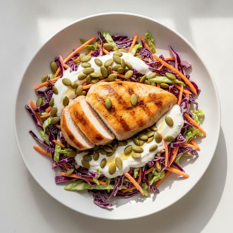 Grilled Chicken Breast with Crunchy Cabbage Slaw and Greek Yogurt Dressing