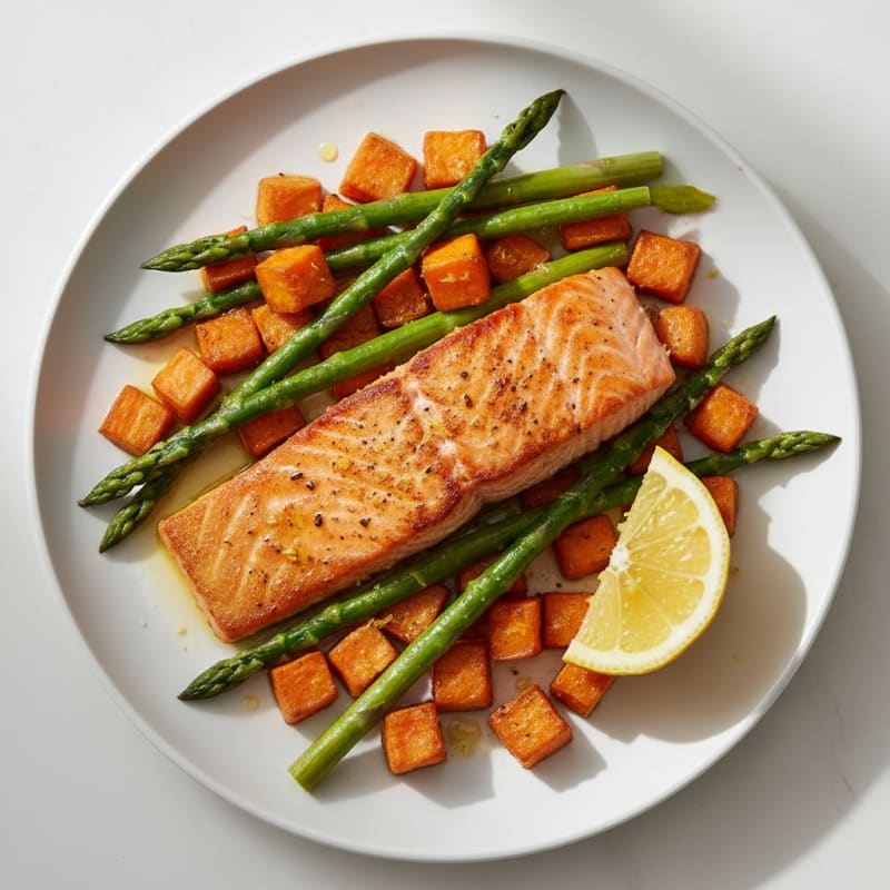 Seared Salmon Fillet with Roasted Sweet Potatoes and Asparagus
