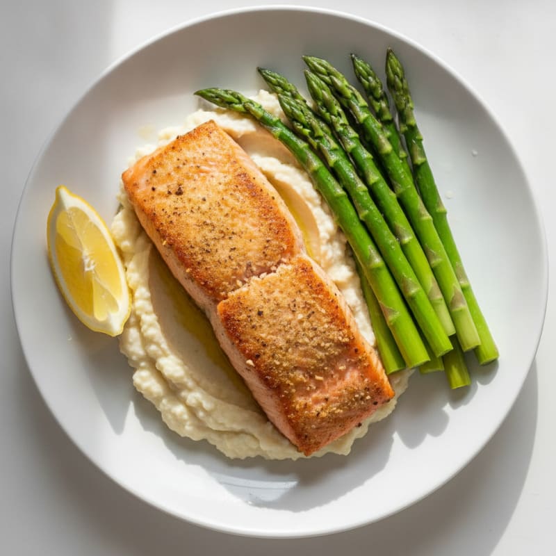 Seared Salmon with Steamed Asparagus and Cauliflower Mash