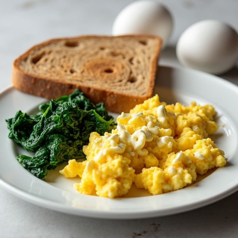 Scrambled Eggs with Cottage Cheese and Sautéed Spinach