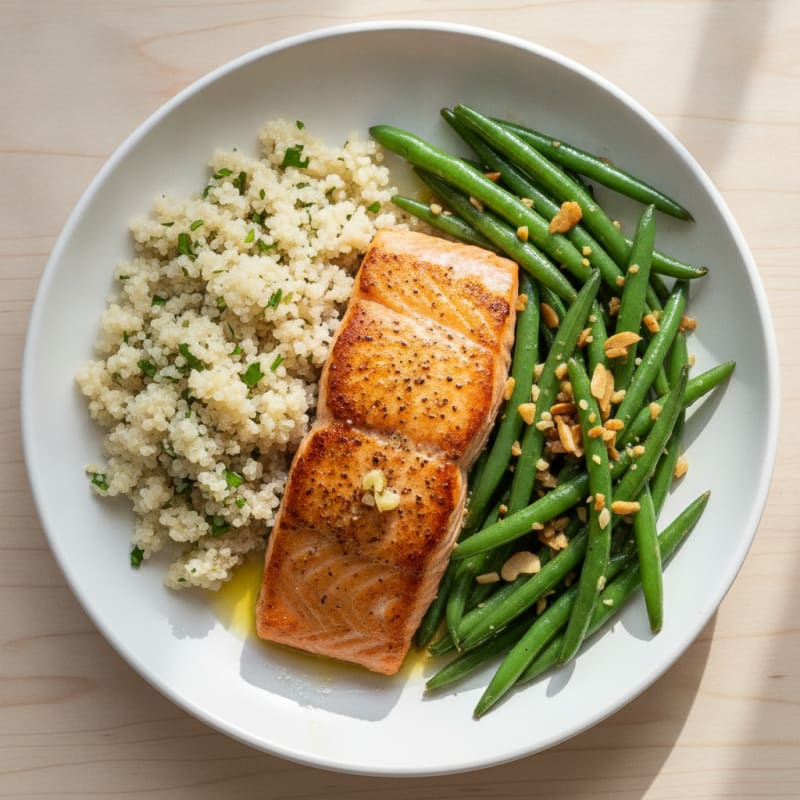 Seared Salmon with Garlic Green Beans and Quinoa