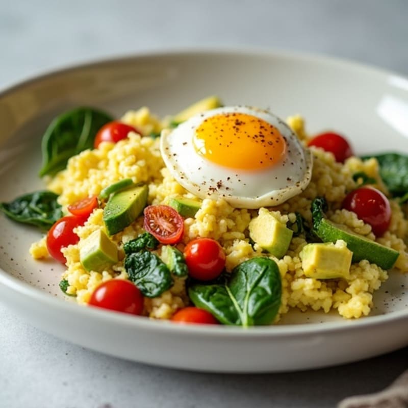 Egg White Spinach Scramble with Cottage Cheese and Cherry Tomatoes