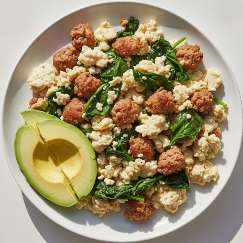 Scrambled Egg Whites with Turkey Sausage and Sautéed Spinach
