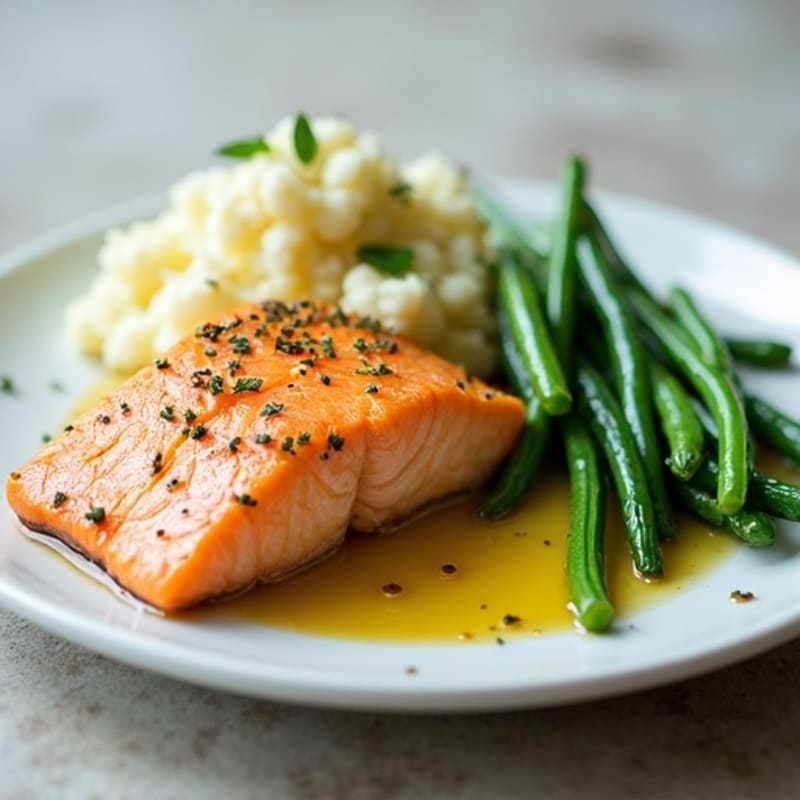 Seared Salmon Fillet with Steamed Green Beans and Garlic Mashed Cauliflower