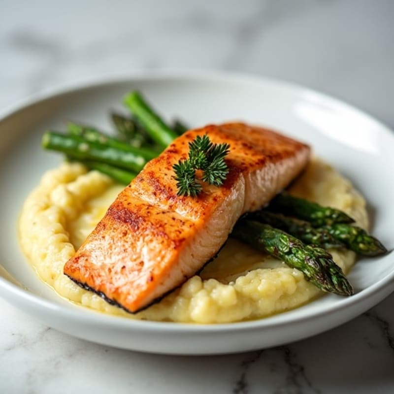 Seared Salmon Fillet with Steamed Asparagus and Cauliflower Mash