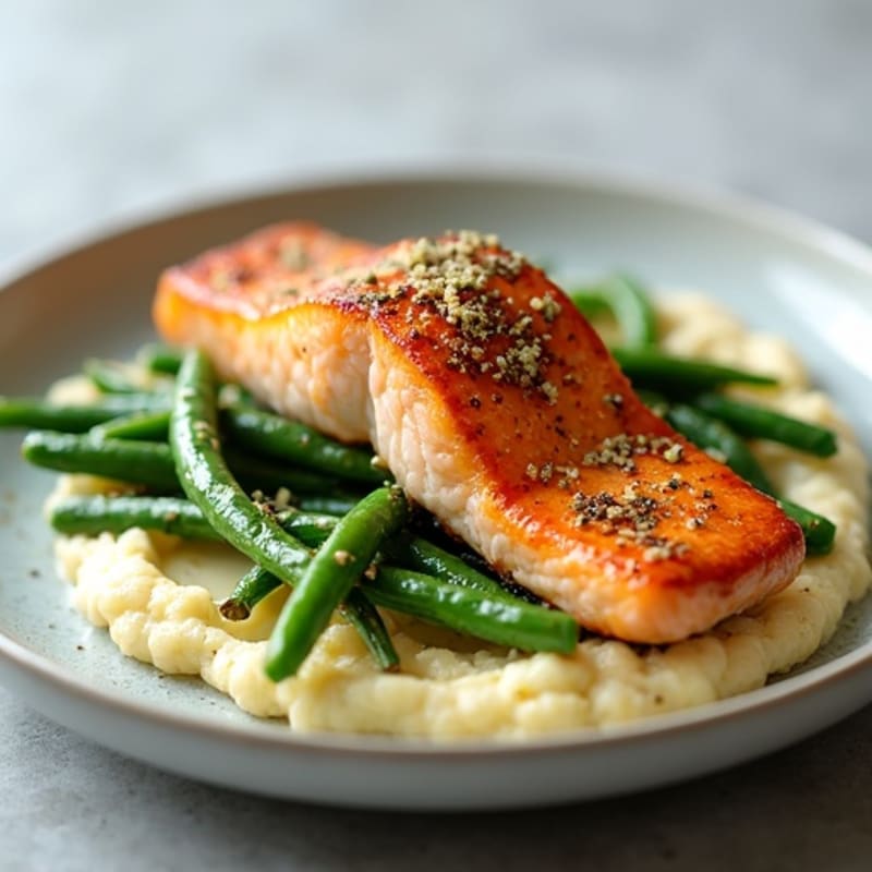 Seared Salmon Fillet with Garlic Green Beans and Cauliflower Mash