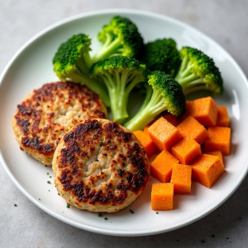 Seared Turkey Patties with Roasted Sweet Potato and Steamed Broccoli