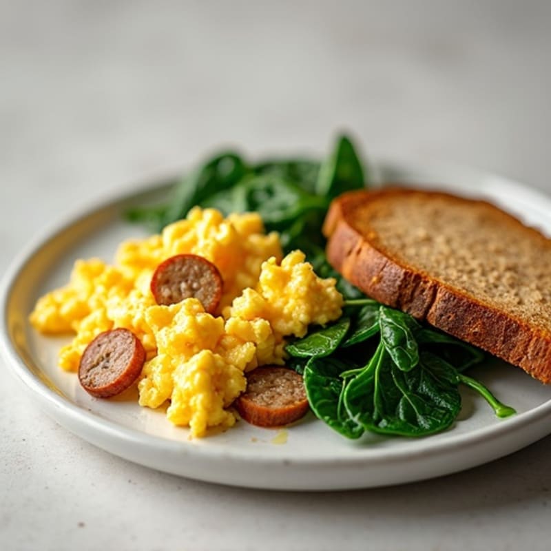 Egg White Scramble with Turkey Sausage and Sautéed Spinach