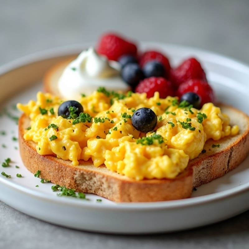 Scrambled Eggs with Sourdough Toast and Greek Yogurt Parfait