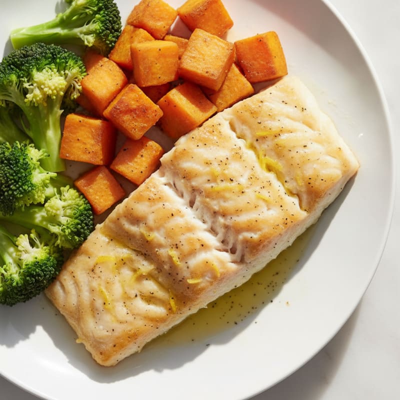 Baked Cod with Roasted Sweet Potatoes and Steamed Broccoli