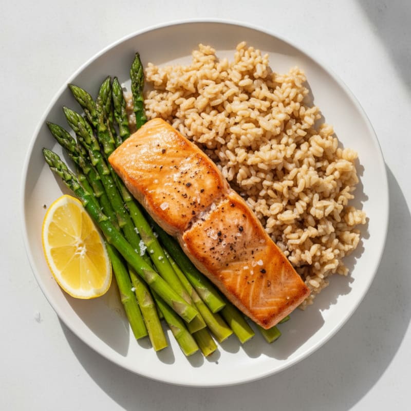 Seared Salmon with Steamed Asparagus and Brown Rice