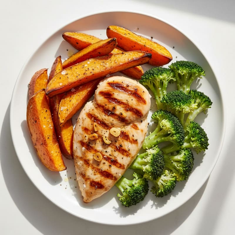 Grilled Chicken Breast with Roasted Sweet Potato and Steamed Broccoli