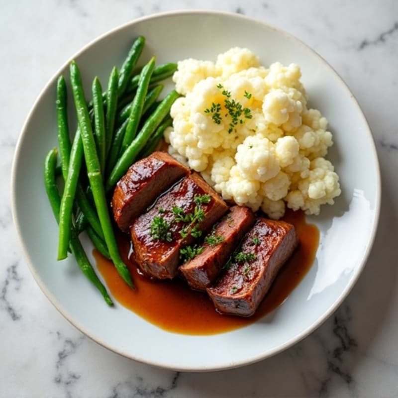 Seared Lean Beef with Garlic Green Beans and Mashed Cauliflower