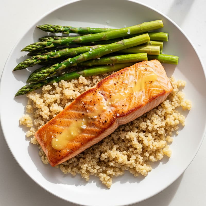 Seared Salmon with Quinoa and Steamed Asparagus