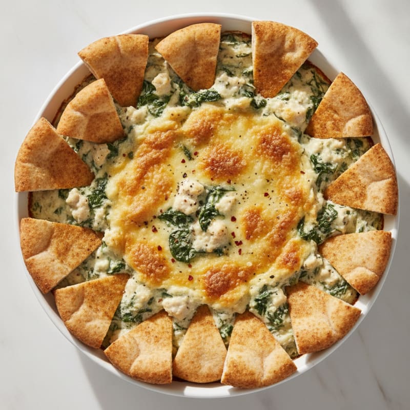 Baked Spinach Artichoke Dip with Toasted Pita
