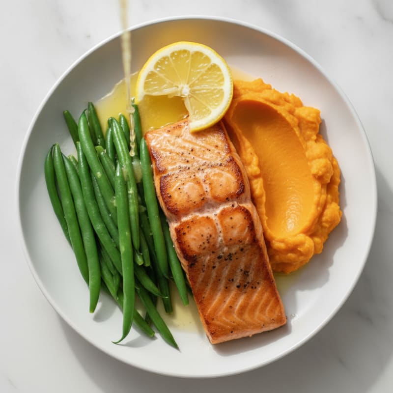 Seared Salmon with Steamed Green Beans and Sweet Potato Mash