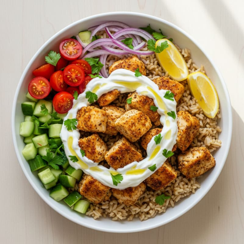 Crispy Lemon-Herb Chicken Shawarma Bowls