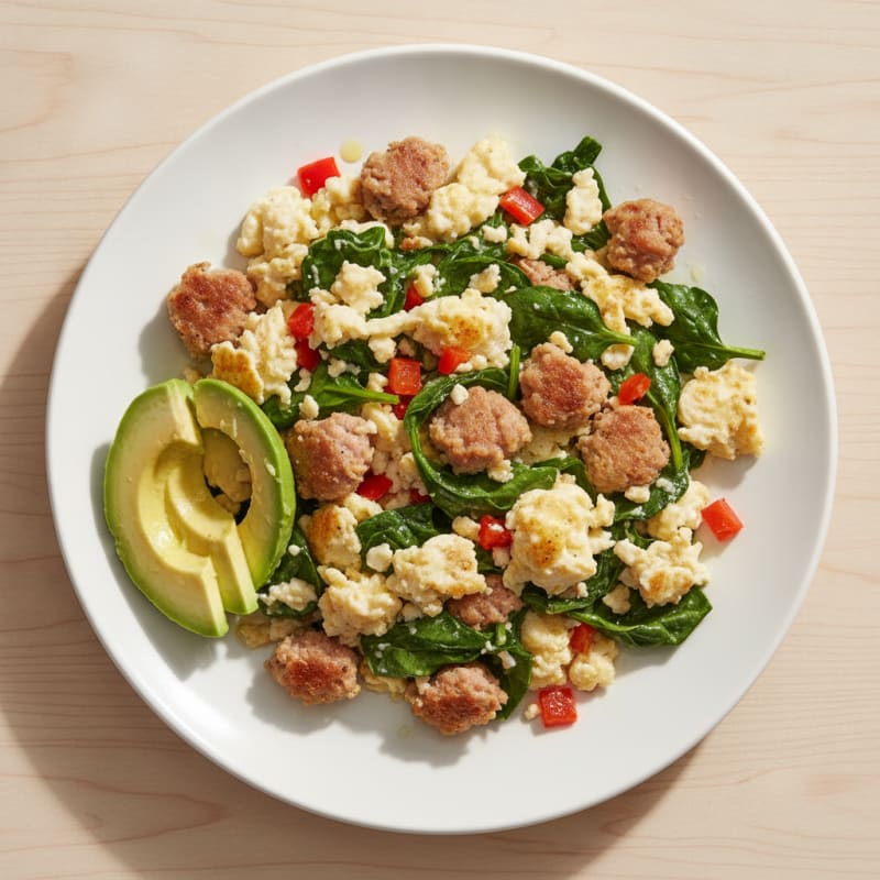Egg White and Turkey Sausage Scramble with Baby Spinach