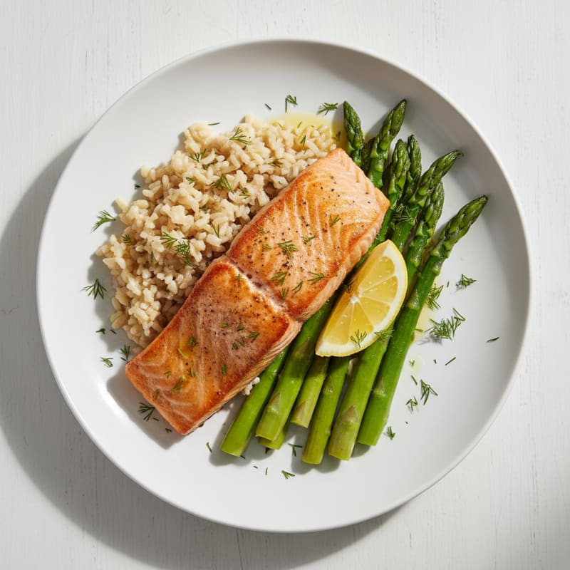 Seared Salmon with Steamed Asparagus and Brown Rice