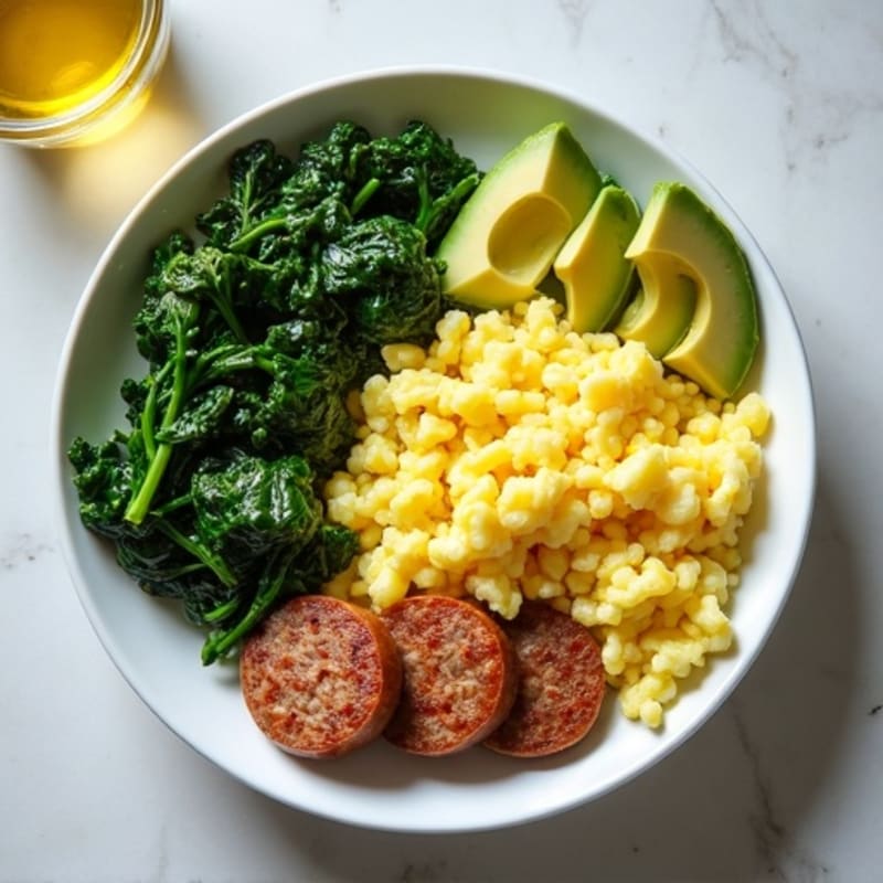Egg White Scramble with Chicken Sausage and Sautéed Spinach