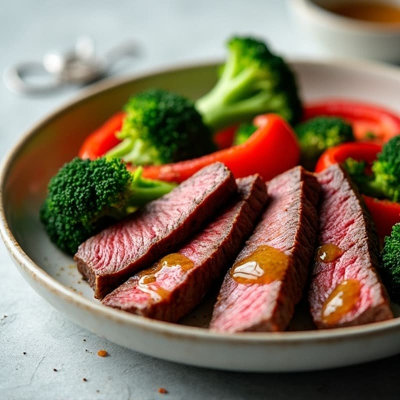 Seared Beef Strips with Roasted Broccoli and Red Peppers