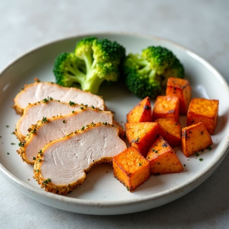 Fresh Sliced Turkey Breast with Herb-Roasted Broccoli and Crispy Sweet Potato Cubes