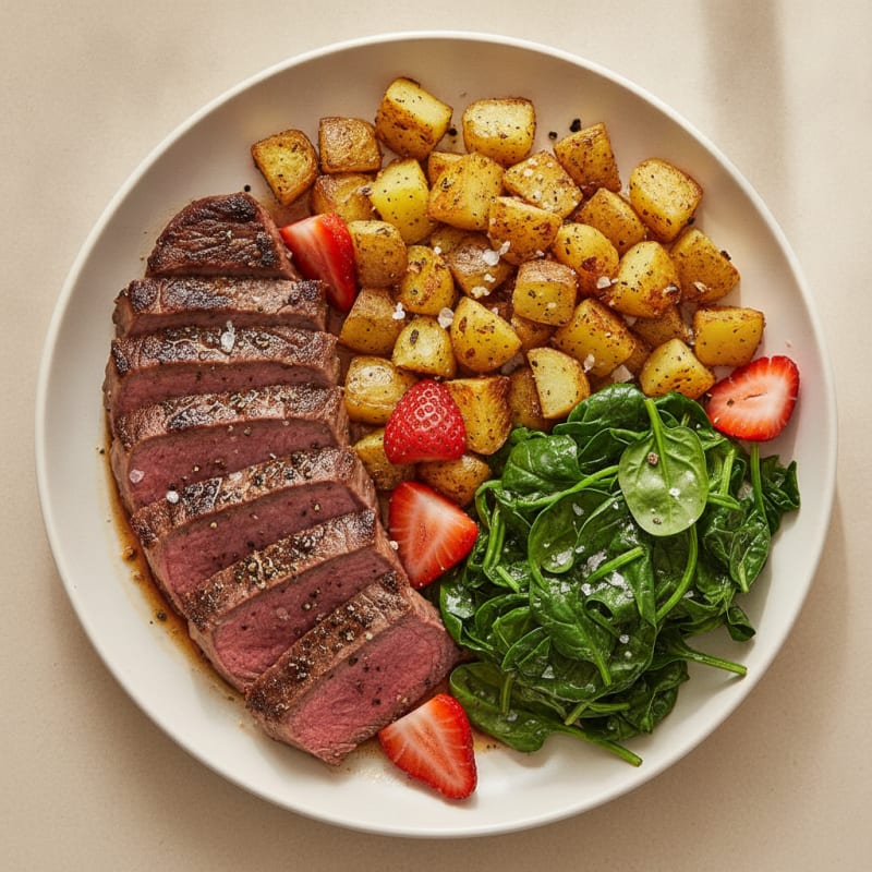 Pan-Seared Steak with Garlic Potatoes and Greens