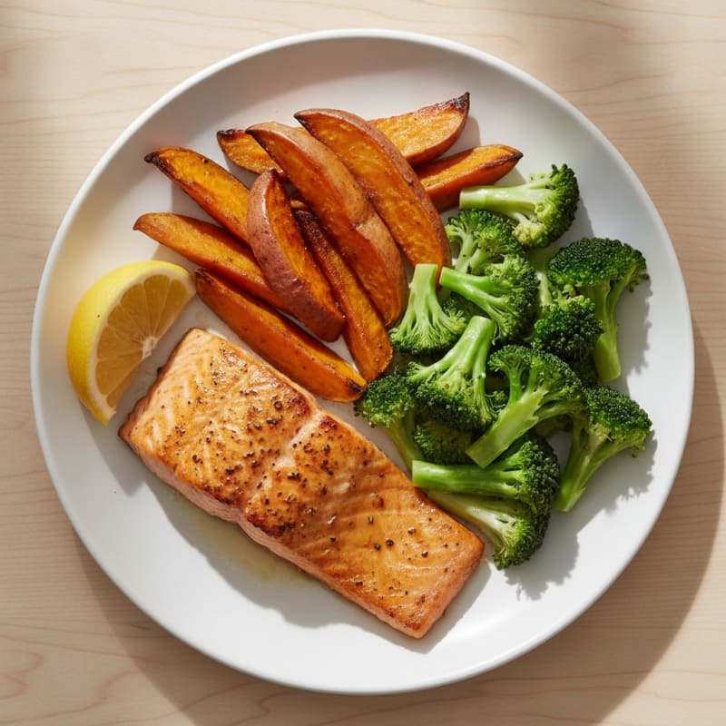 Seared Salmon with Roasted Sweet Potatoes and Steamed Broccoli