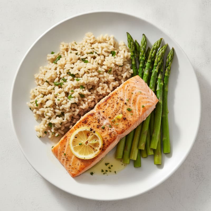 Grilled Salmon Fillet with Steamed Asparagus and Herb Brown Rice