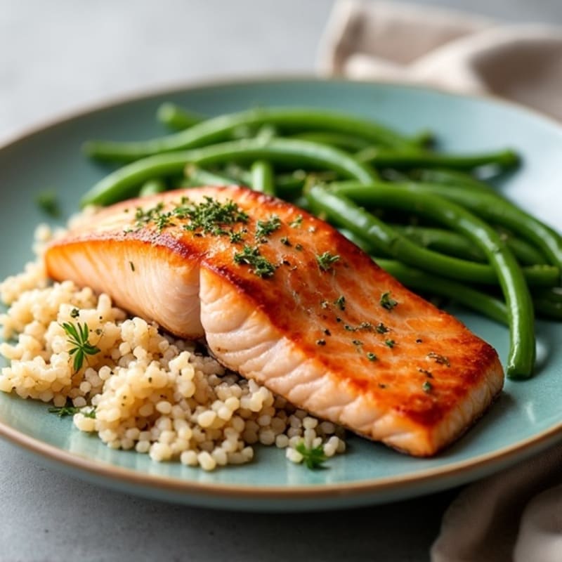 Seared Salmon with Garlic Green Beans and Brown Rice