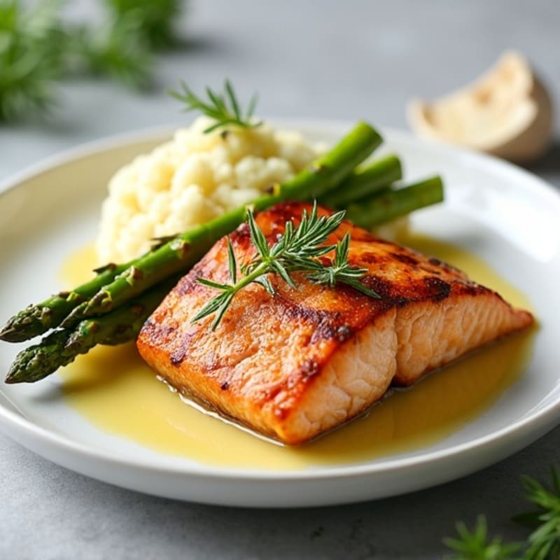 Seared Salmon with Steamed Asparagus and Garlic Mashed Cauliflower
