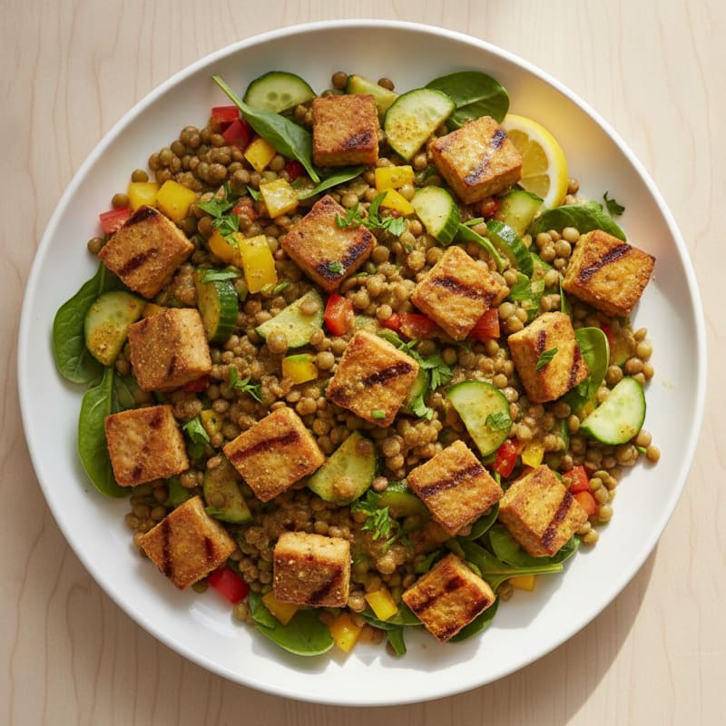 Grilled Tempeh and Lentil Salad with Crunchy Vegetables