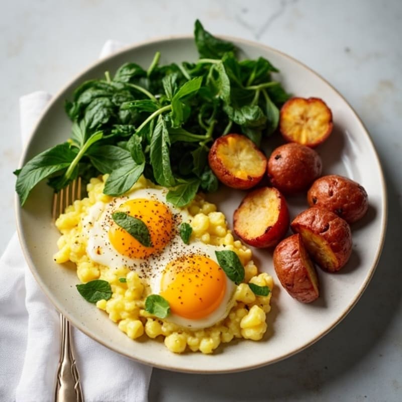 Egg White and Turkey Sausage Scramble with Sautéed Spinach, Avocado, and Roasted Potatoes
