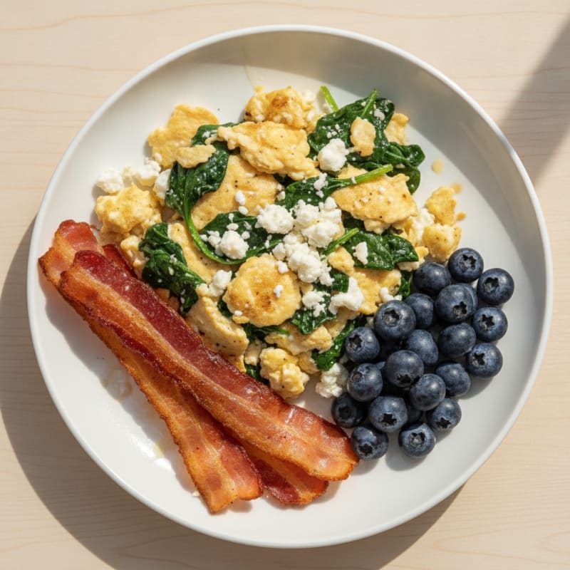 Crispy Turkey Bacon and Egg White Scramble with Spinach and Feta