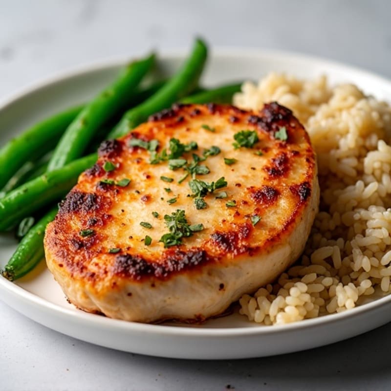 Seared Pork Chops with Garlic Green Beans and Brown Rice