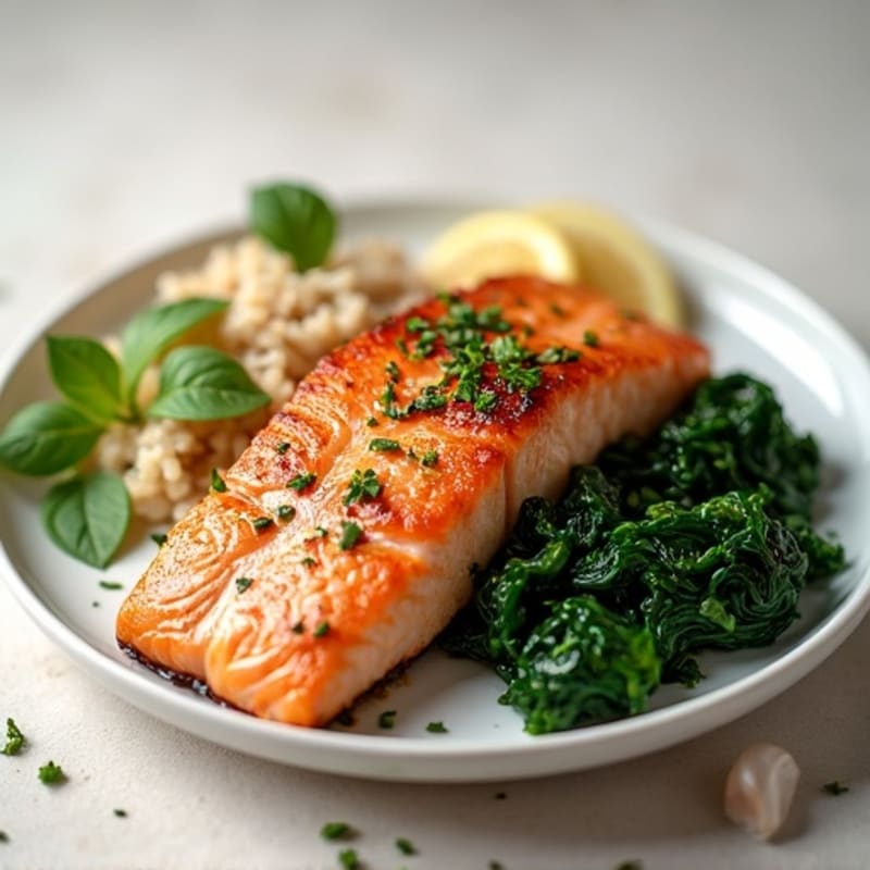 Seared Salmon with Garlic Spinach and Steamed Brown Rice