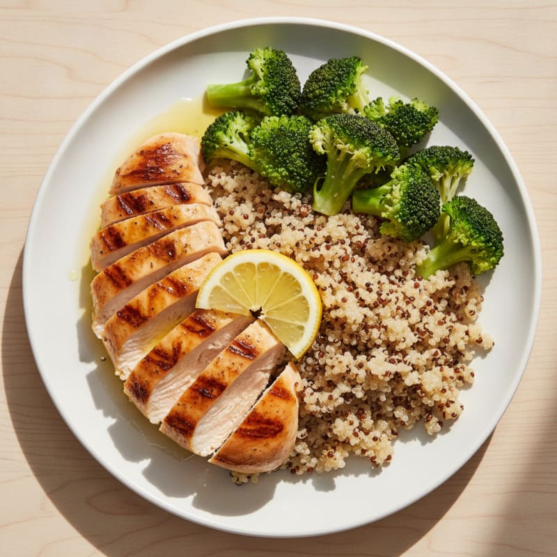Grilled Chicken Breast with Steamed Broccoli and Quinoa