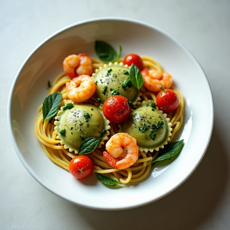 Fresh Spinach Ravioli with Lemon Garlic Shrimp and Blistered Tomatoes