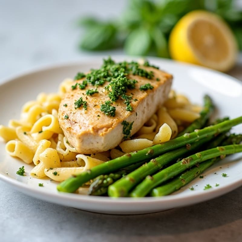 Creamy Basil Pesto Whole Wheat Pasta with Lemon-Garlic Chicken and Roasted Asparagus
