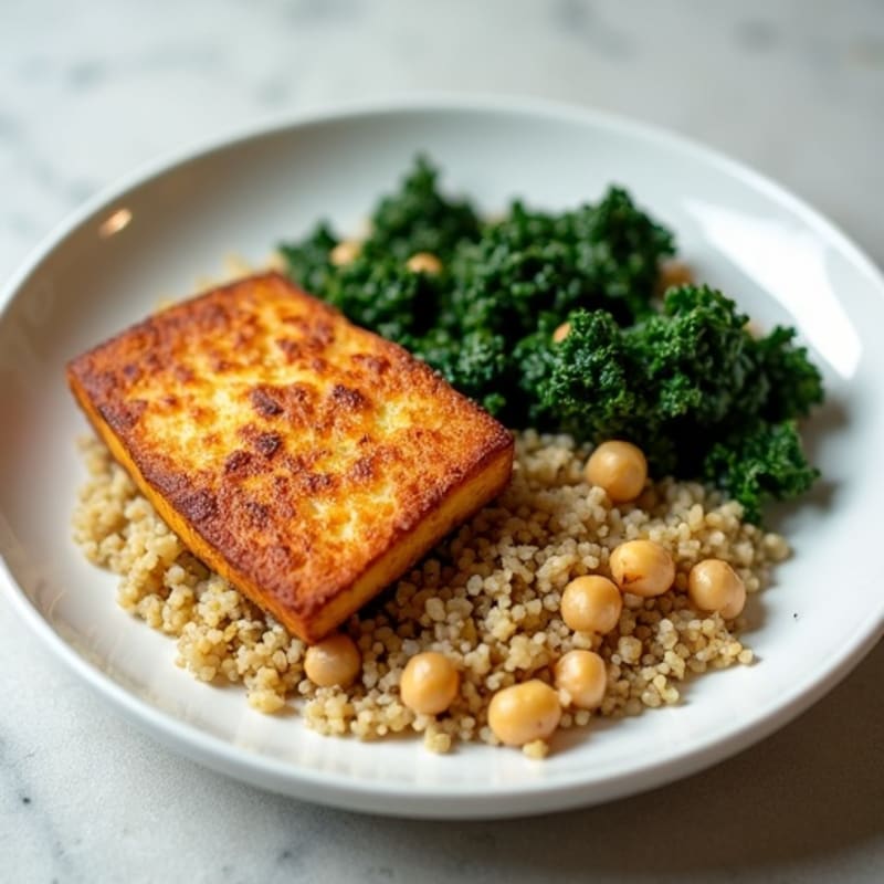 Crispy Tofu with Quinoa and Garlicky Kale