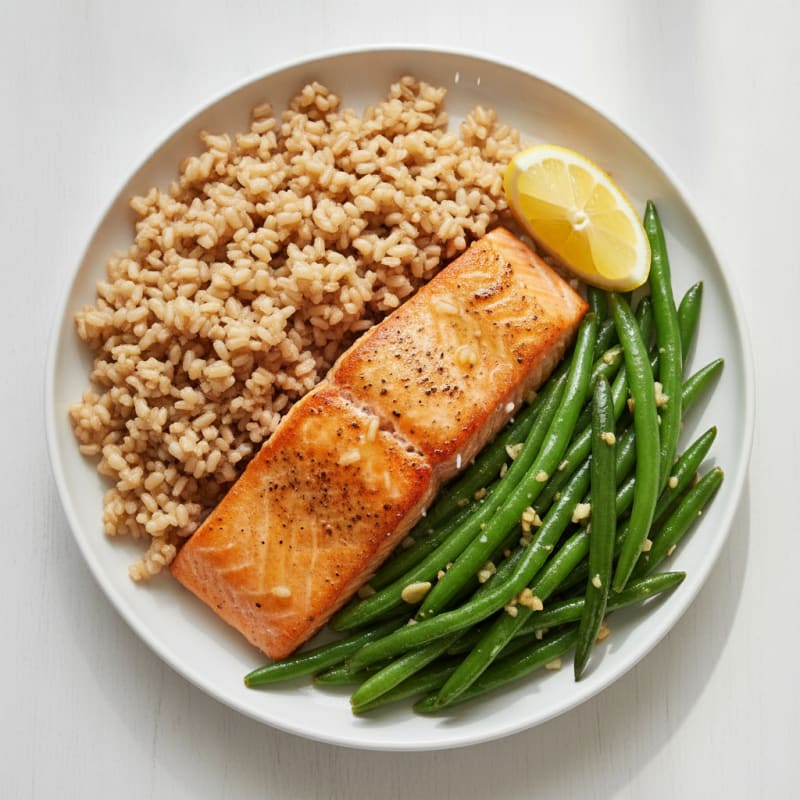 Seared Salmon with Garlic Green Beans and Brown Rice