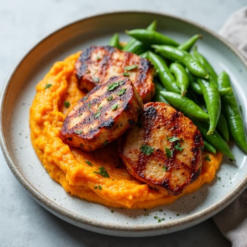 Grilled Tempeh Steaks with Steamed Edamame and Sweet Potato Mash